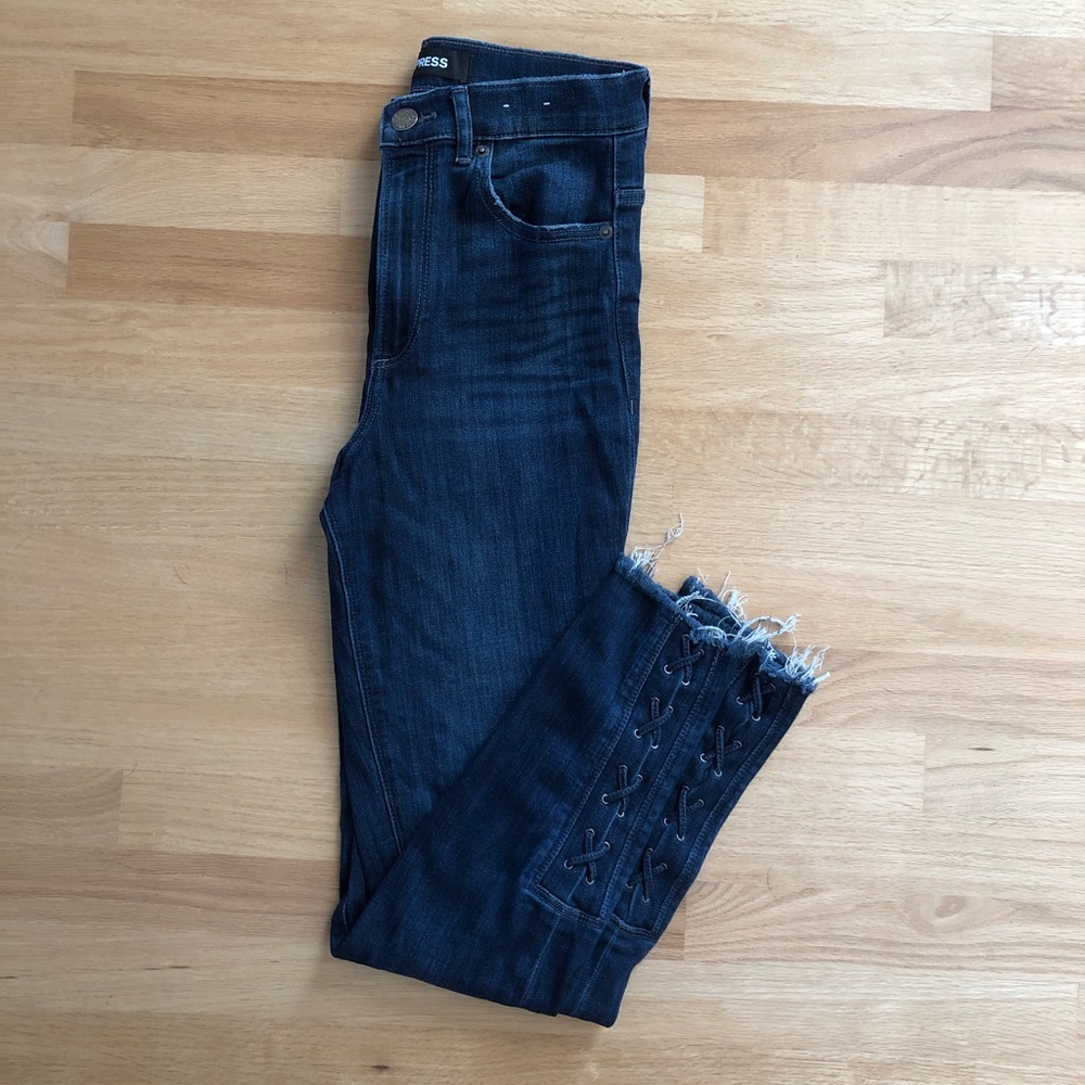Express Super High Rise Ankle Denim w/ Lace Detail